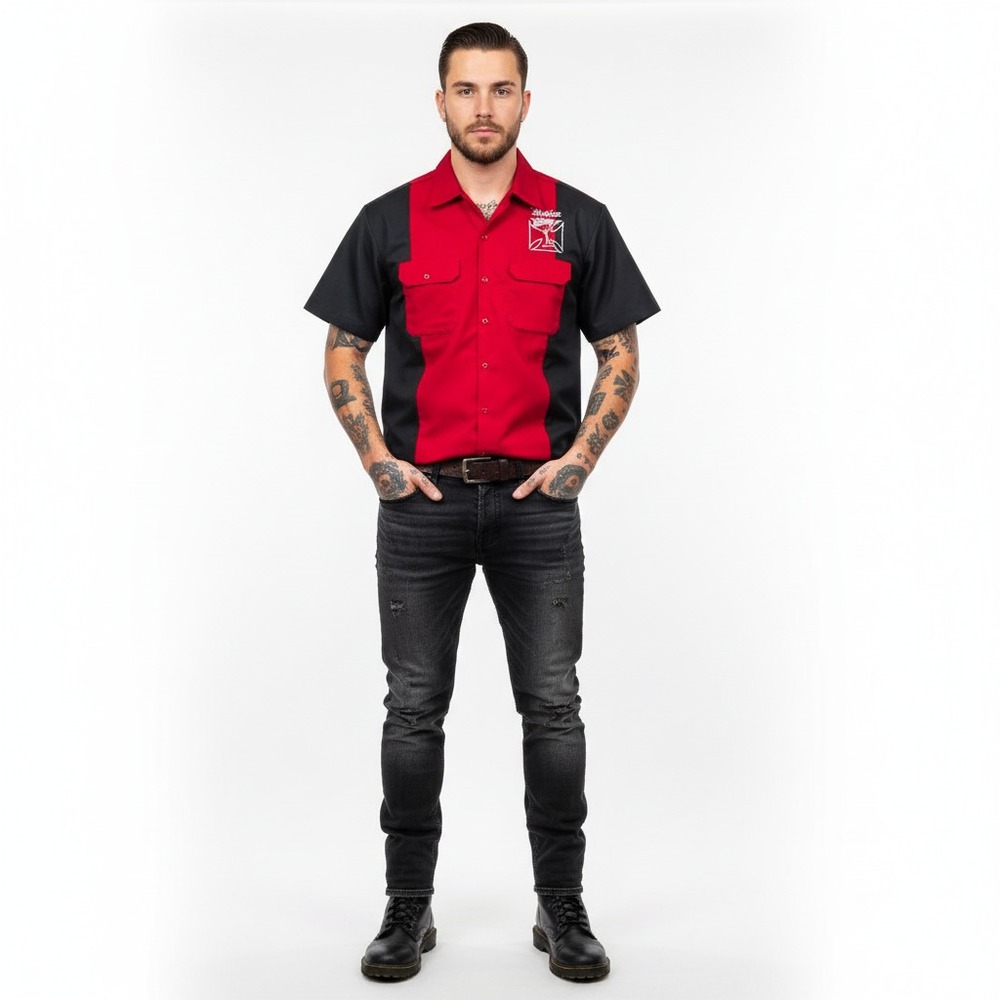 Dickies Shirt Men XL Red Balck Colorblock Bowling Rockabilly Mechanic Work Retro